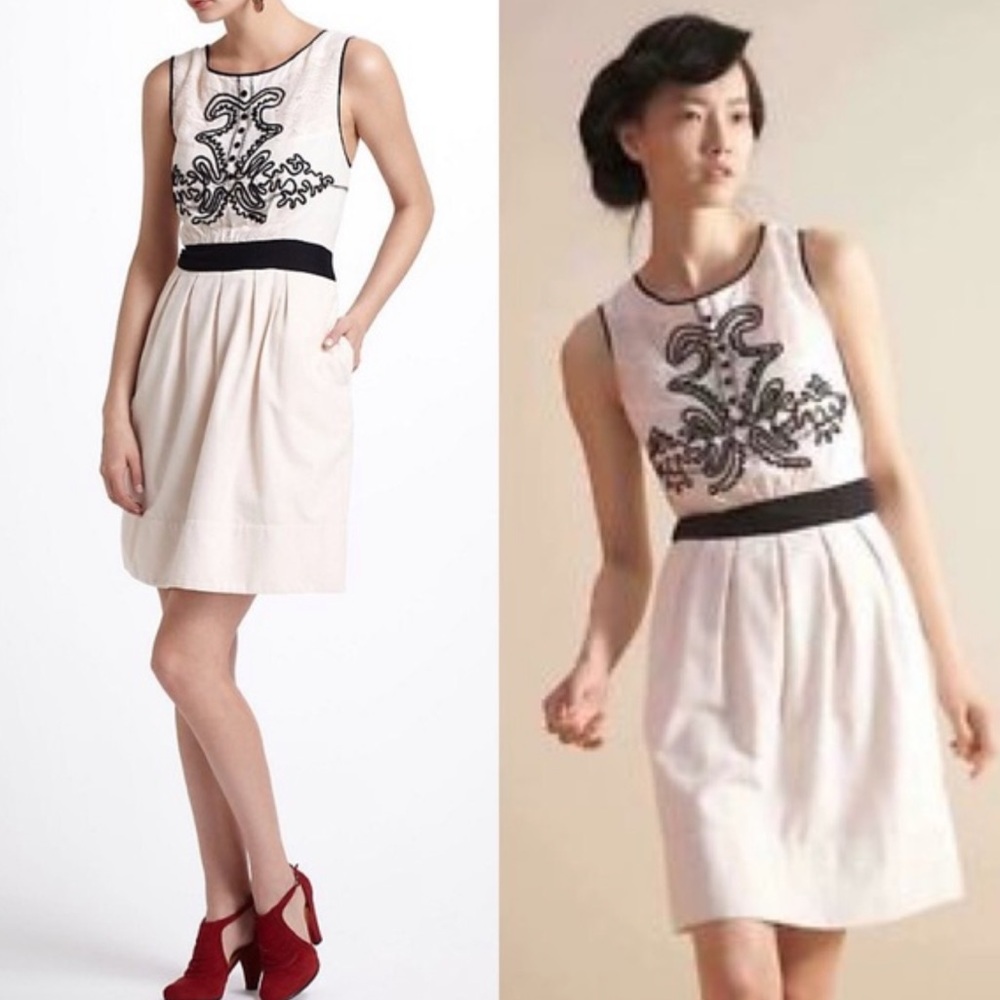 Anthropologie Leifnotes Open Air Theater Dress Sz 2 Embroidered Corduroy Cream